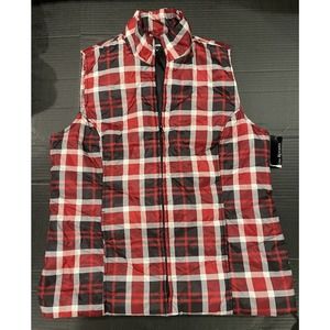Kim Rogers X-LARGE Red Black Plaid Full Zip Puffer Vest NWT